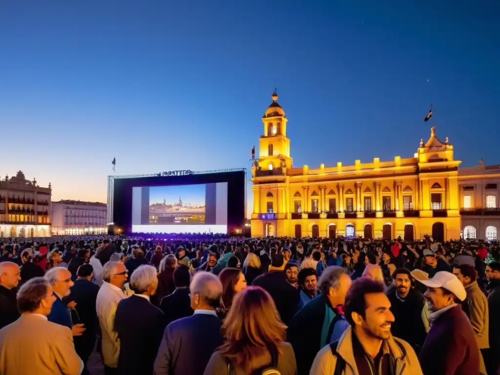 Vibrante escena del Festival de Cine Montevideo Uruguay; cineastas emocionados y multitudes disfrutan en un histórico lugar bajo el cielo crepuscular