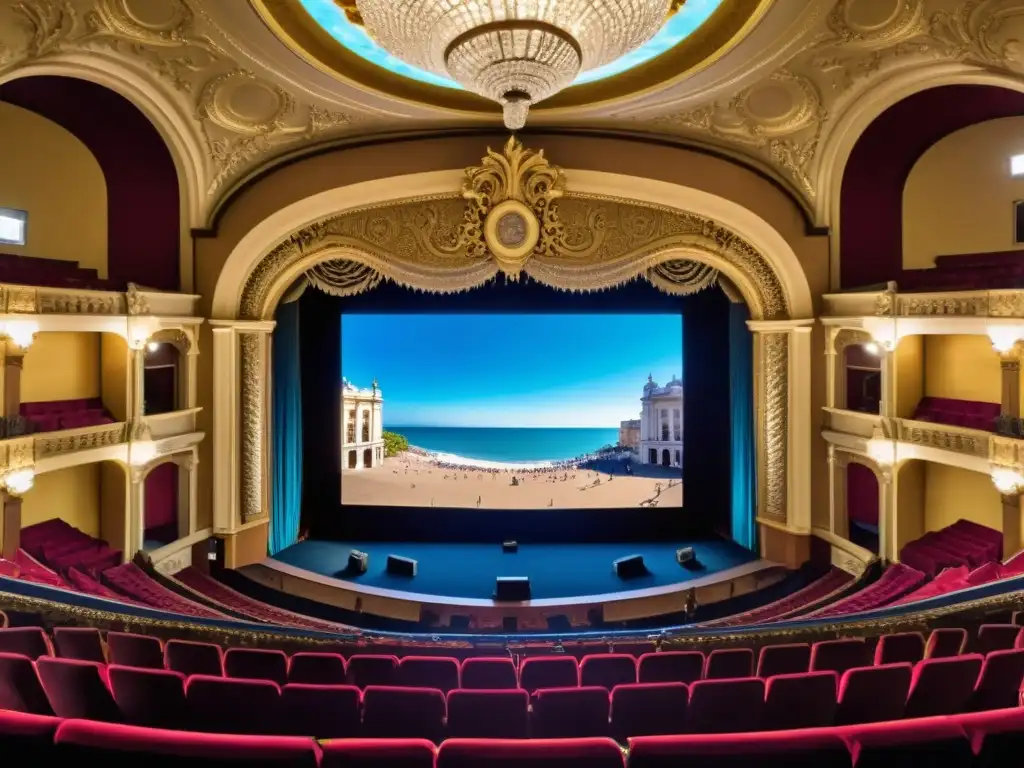 Vibrante escena del Festival de Cine Montevideo Uruguay, capturando la emoción palpable en un teatro histórico iluminado