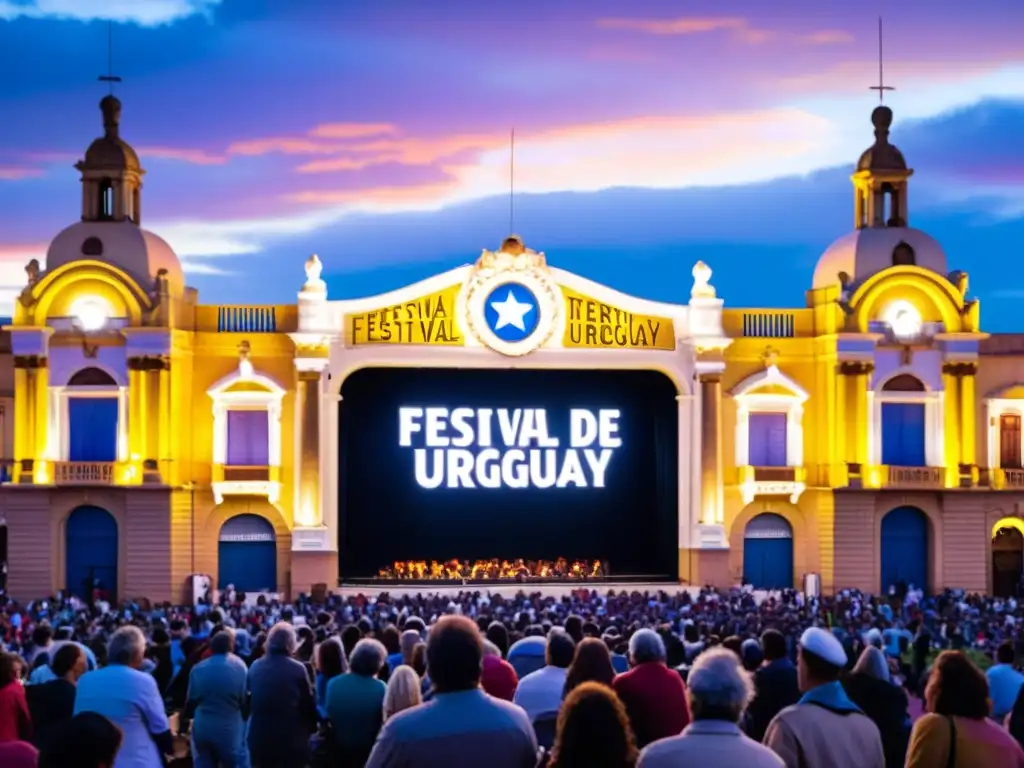 Vibrante escena del Festival de Teatro del Interior Uruguay, con un antiguo teatro iluminado y multitudes emocionadas esperando entrar