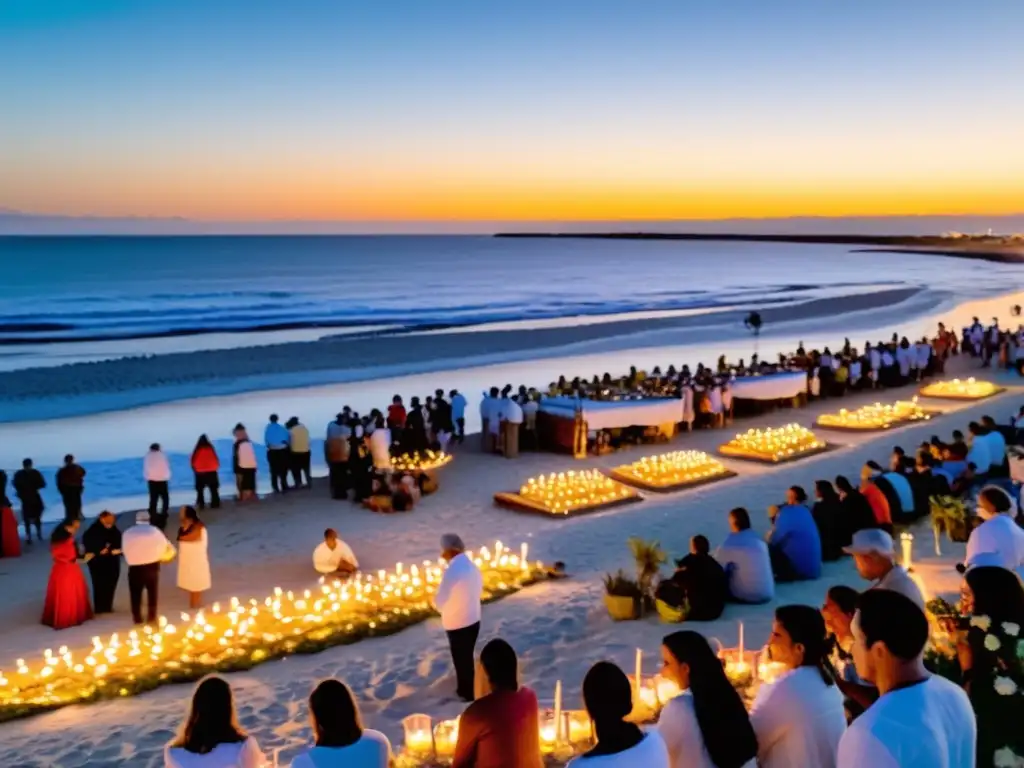 Vibrante escena de la Fiesta de Iemanjá en Uruguay, con multitudes vestidas de blanco, preparando ofrendas florales para la diosa del mar