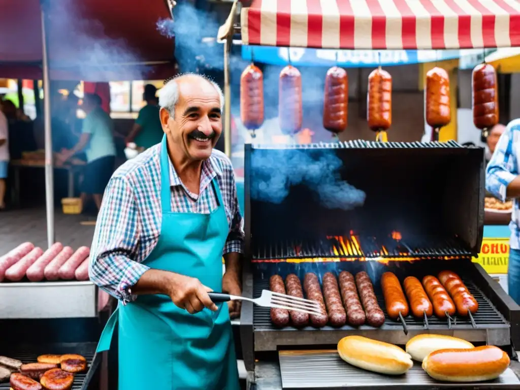 Vibrante escena de mercado en Montevideo, Uruguay, con un vendedor asando choripan, rodeado de frescos productos