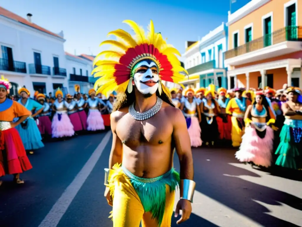 Vibrante escena de la Murga uruguaya, crítica social y humor en colores y plumas, cautivando a una multitud diversa