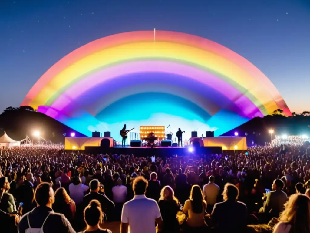 Vibrante escena musical contemporánea en Uruguay, con músicos apasionados bajo un cielo estrellado y una multitud exuberante