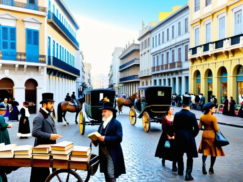 Vibrante escena del siglo XIX en Montevideo, Uruguay, reflejando la literatura uruguaya, historia y cultura