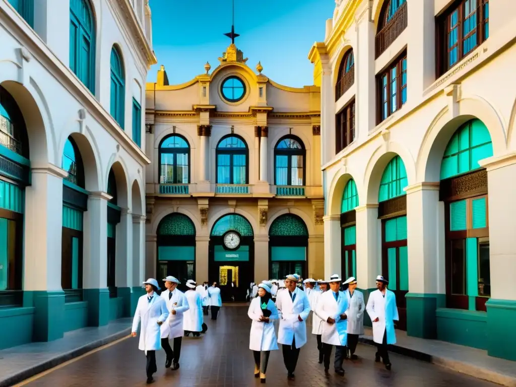 Vibrante escena del siglo XX en Montevideo, Uruguay, mostrando el primer hospital y el florecimiento del sistema sanitario en Uruguay, en tonos sepia