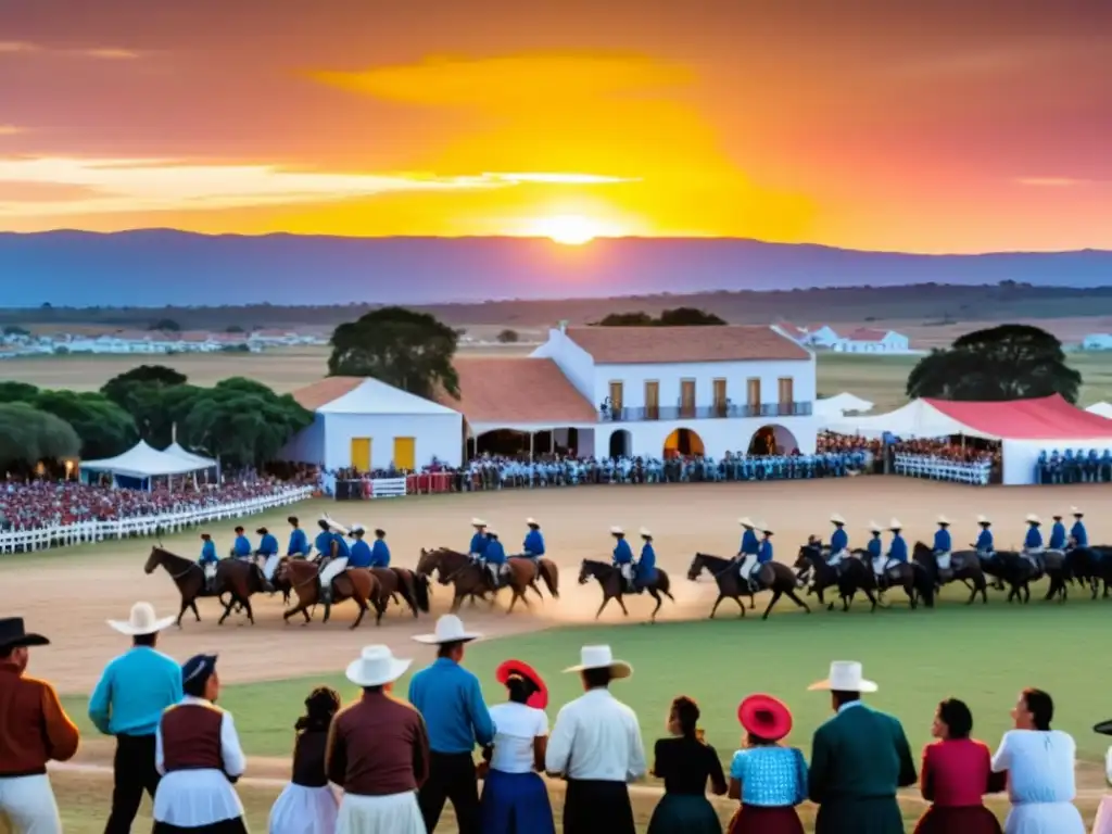 Vibrante escena de las tradiciones rurales uruguayas en la Fiesta Patria Gaucha, mostrando orgullosos gauchos, danzas folklóricas y asado bajo un atardecer en Tacuarembó