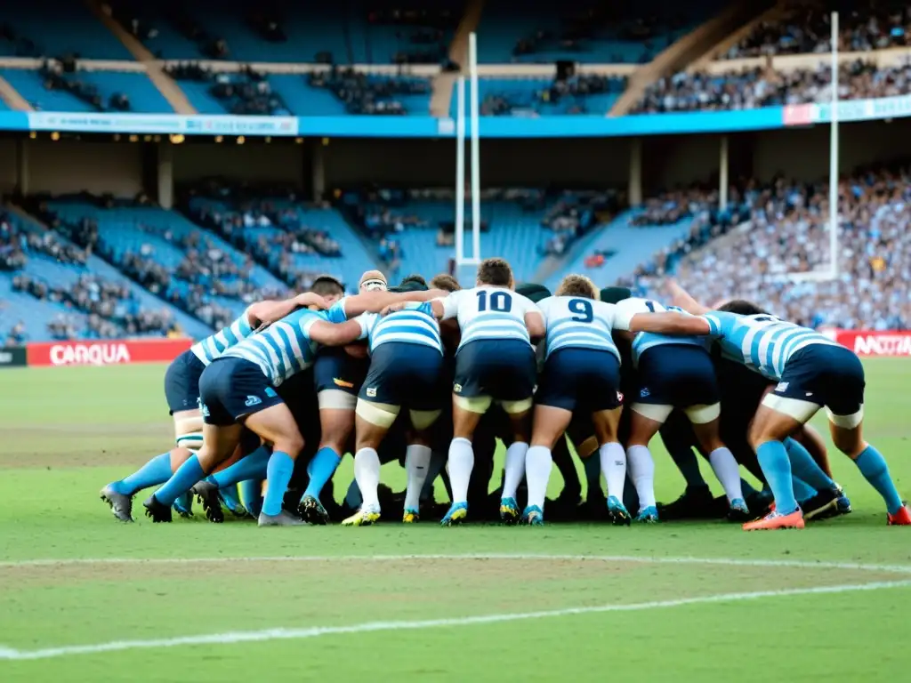 Vibrante cultura rugby Uruguay unión nacional en Estadio Charrúa, lleno de fans apasionados, al atardecer