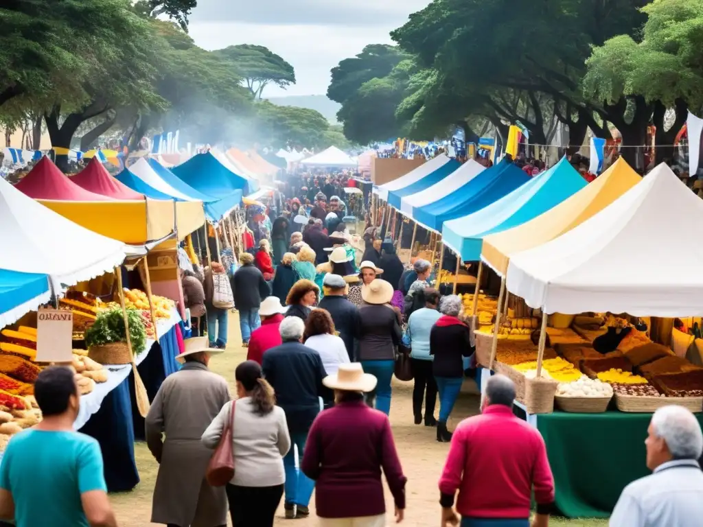 Vibrante evento cultural en Uruguay, personas disfrutando de comida y arte locales bajo un cielo al atardecer, con un edificio histórico de fondo