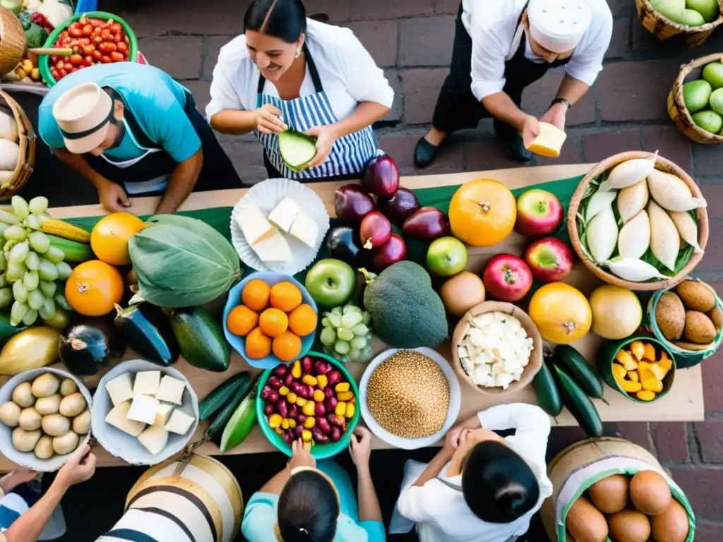 Vibrante evento gastronómico en Uruguay: chefs en atuendo tradicional preparan Chivito en un bullicioso mercado lleno de color y vida