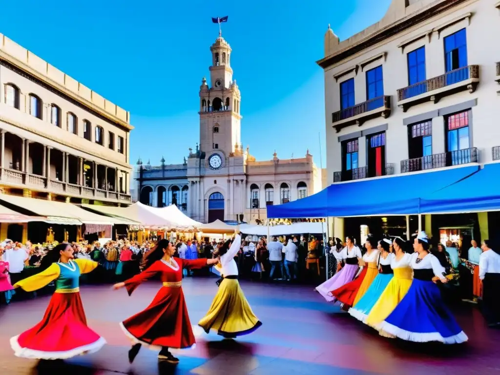 Vibrante feria callejera en Montevideo, con danzantes uruguayos y el Palacio Salvo al atardecer