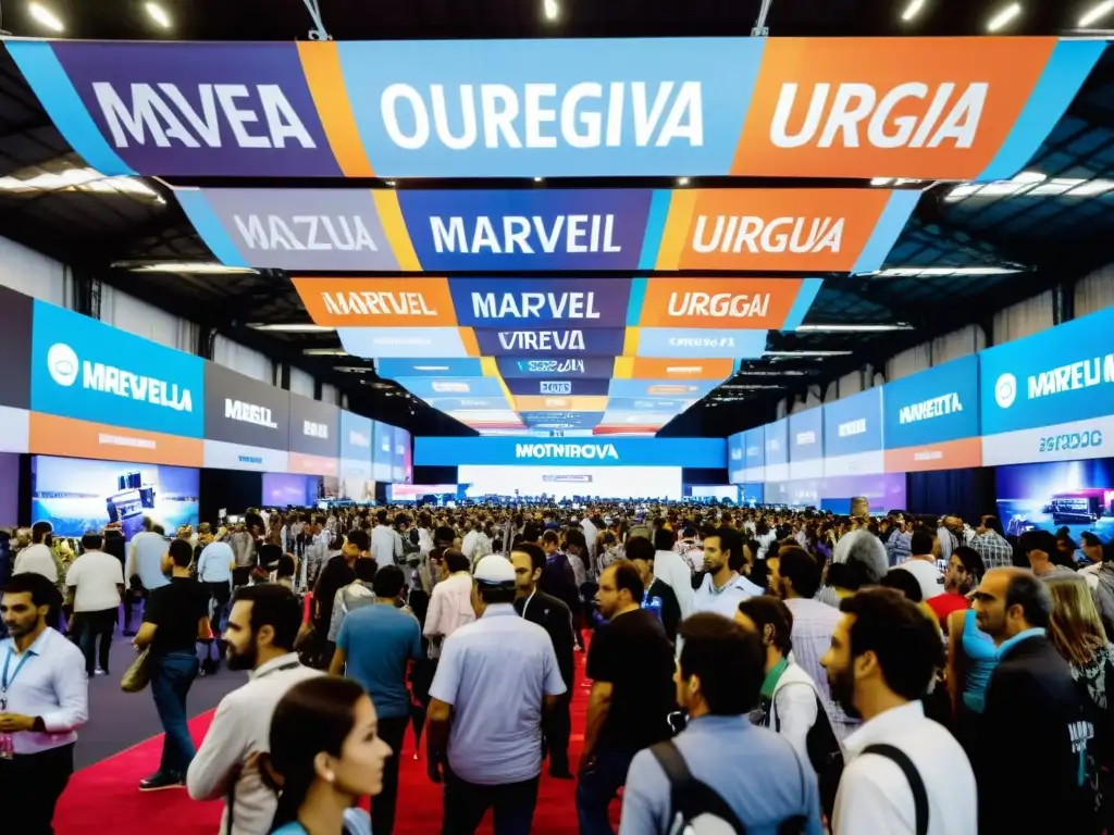 Vibrante feria de tecnología en Uruguay llena de asistentes asombrados, innovadores productos y oportunidades de red en un ambiente lleno de energía