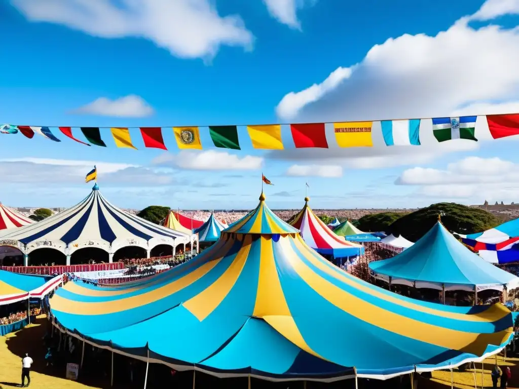 Vibrante organización de ferias y exposiciones en Uruguay; puestos elegantes, multitudes entusiasmadas y paisajes icónicos al atardecer