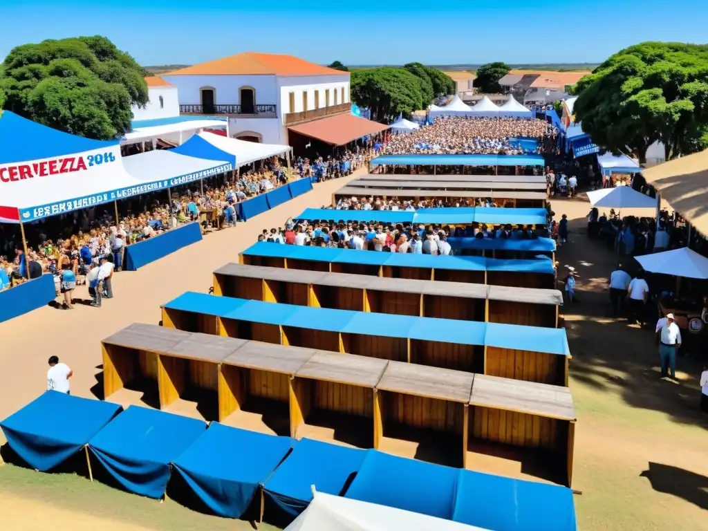 Vibrante tarde en el Festival de la Cerveza en Paysandú, con gente alegre, cervezas artesanales en tonos dorados y ámbar, y apasionados cerveceros