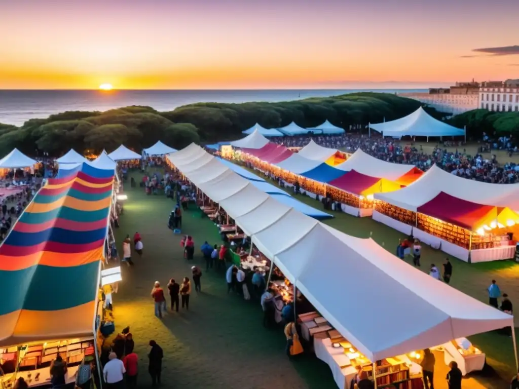 Vibrante festival de 'Eventos literarios Uruguay 2022', lleno de colores, libros y entusiasmo, con el teatro Solís al fondo