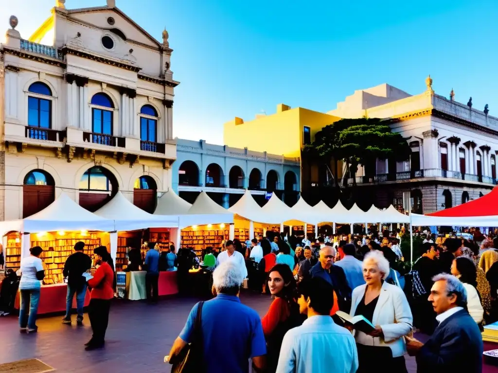 Vibrante festival 'Eventos Literarios Uruguay 2022' en Montevideo, con público diverso explorando puestos de libros bajo el sol brillante