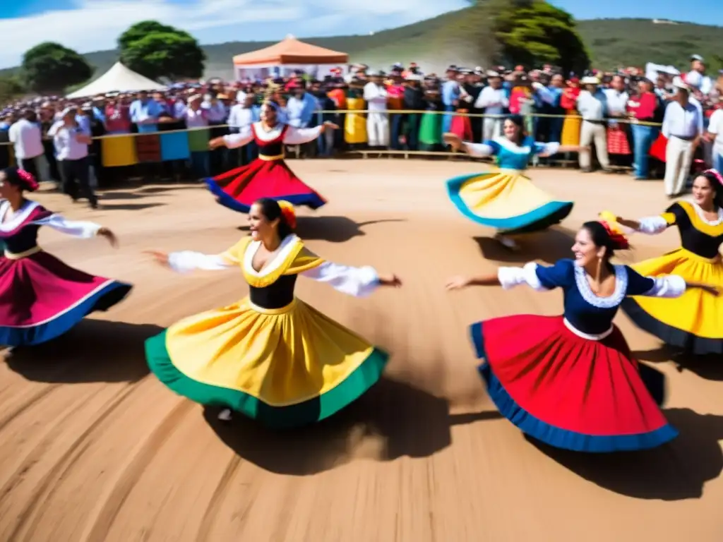 Vibrante Festival Internacional de Folklore en Durazno, Uruguay, con danzantes enérgicos, músicos tradicionales y un espectacular atardecer