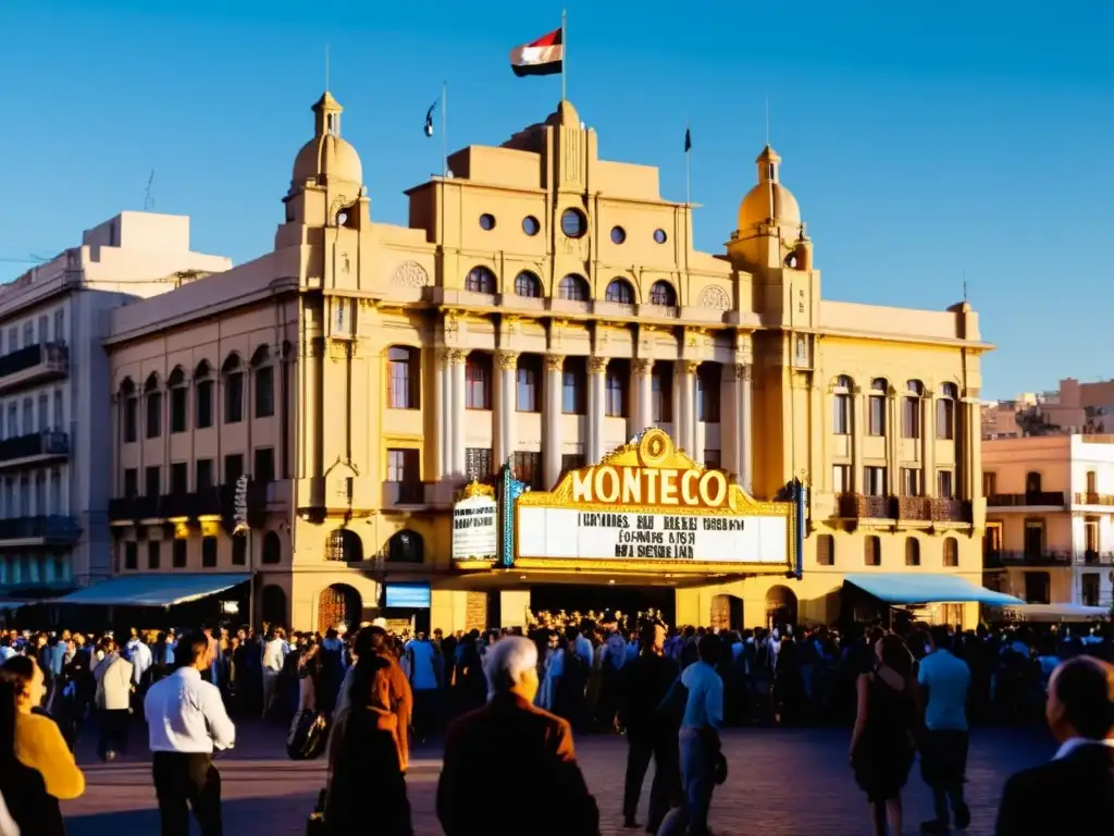 Un vibrante 'Festivales de Cine Uruguay 2022' en Montevideo, con entusiastas del cine bajo el dorado atardecer, y el icónico Palacio Salvo al fondo