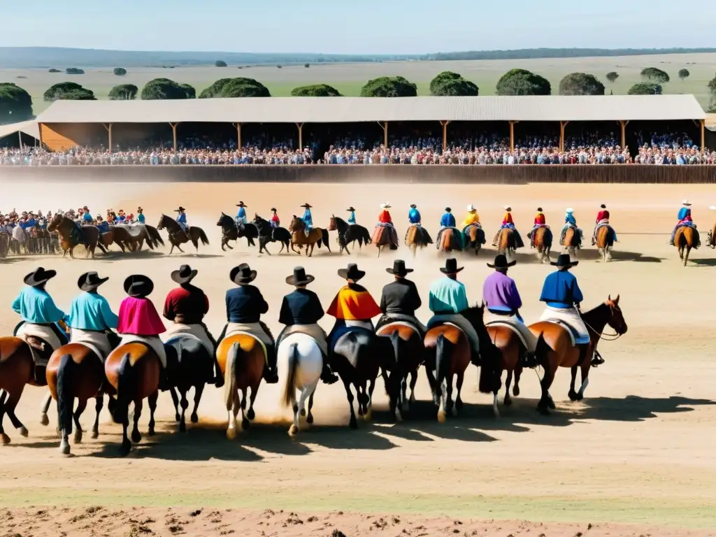 Vibrante Fiesta de la Patria Gaucha en Uruguay, con gauchos montando caballos, espectadores emocionados y música folklórica, bajo un cielo dorado