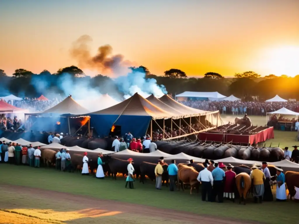 Vibrante Fiesta de la Patria Gaucha en Uruguay, con gauchos cocinando en un asado al atardecer dorado y espectadores disfrutando