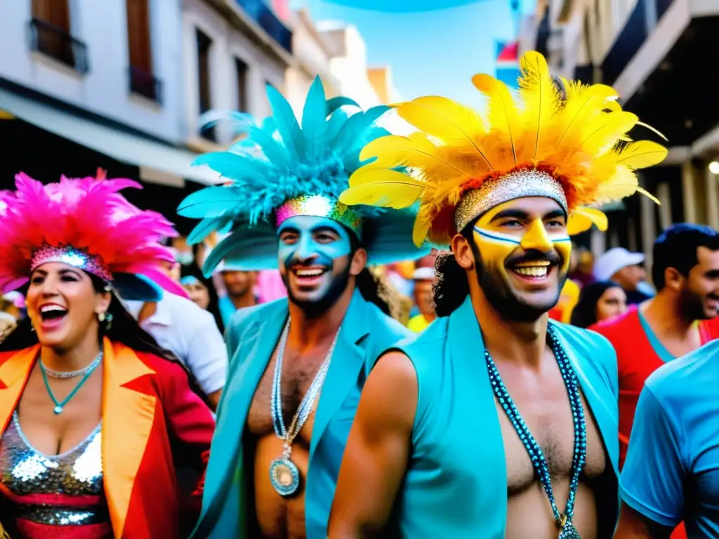 Vibrante grupo de murga, embelleciendo las costumbres y folklore de Uruguay, cautiva a una multitud durante el Carnaval anual en Montevideo