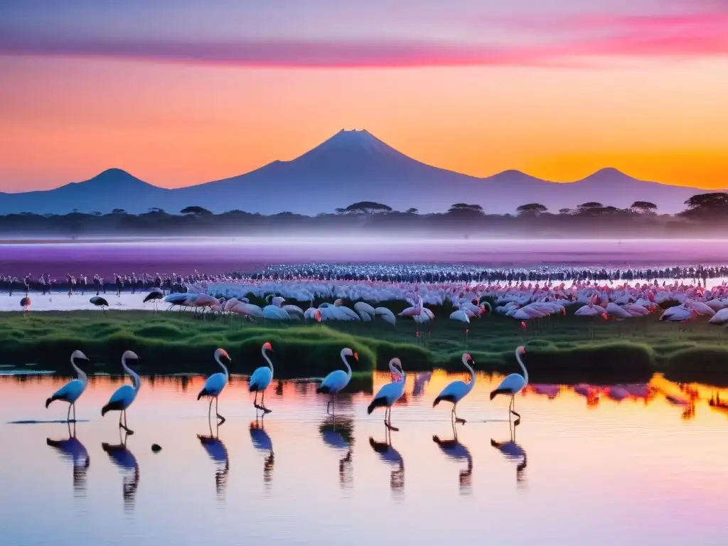 Vibrante amanecer en los humedales de Uruguay, con flamencos, cisnes y cóndores en pleno avistamiento de aves en Uruguay