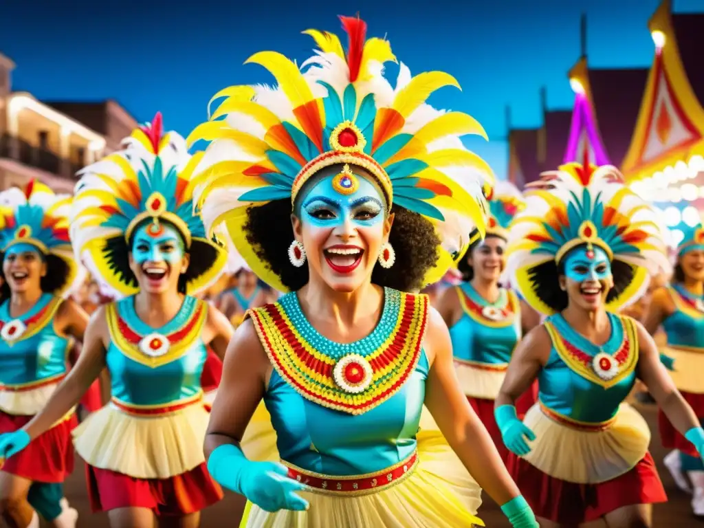 Vibrante imagen del Carnaval Uruguayo 2022 fechas eventos, con murgas en plena actuación, rodeados de luces, color y emoción del público