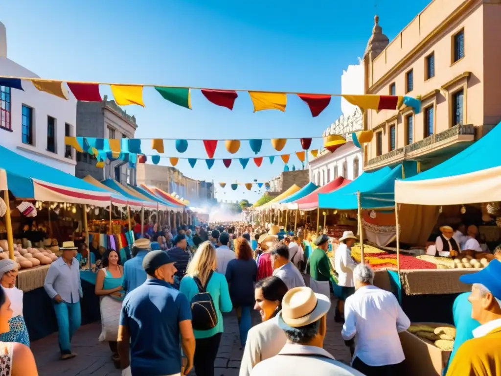 Vibrante imagen 8k de Eventos culturales en Uruguay, un mercado en Montevideo lleno de vida, color y música tradicional