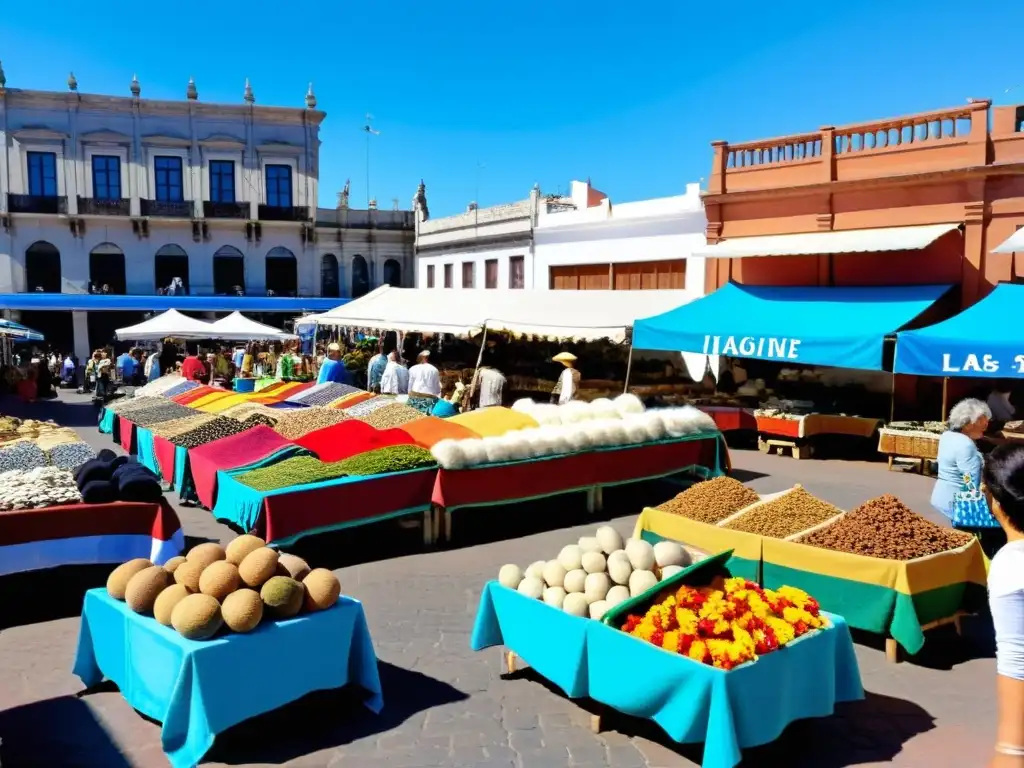 Vibrante imagen de las ferias artesanía emblemáticas Uruguay, 'La Feria de Piedras Blancas' en Montevideo, llena de color y energía