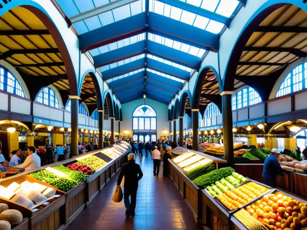 Vibrante imagen del Mercado del Puerto en Uruguay, cultura y tradición en cada puesto de comida local, bajo una majestuosa estructura victoriana