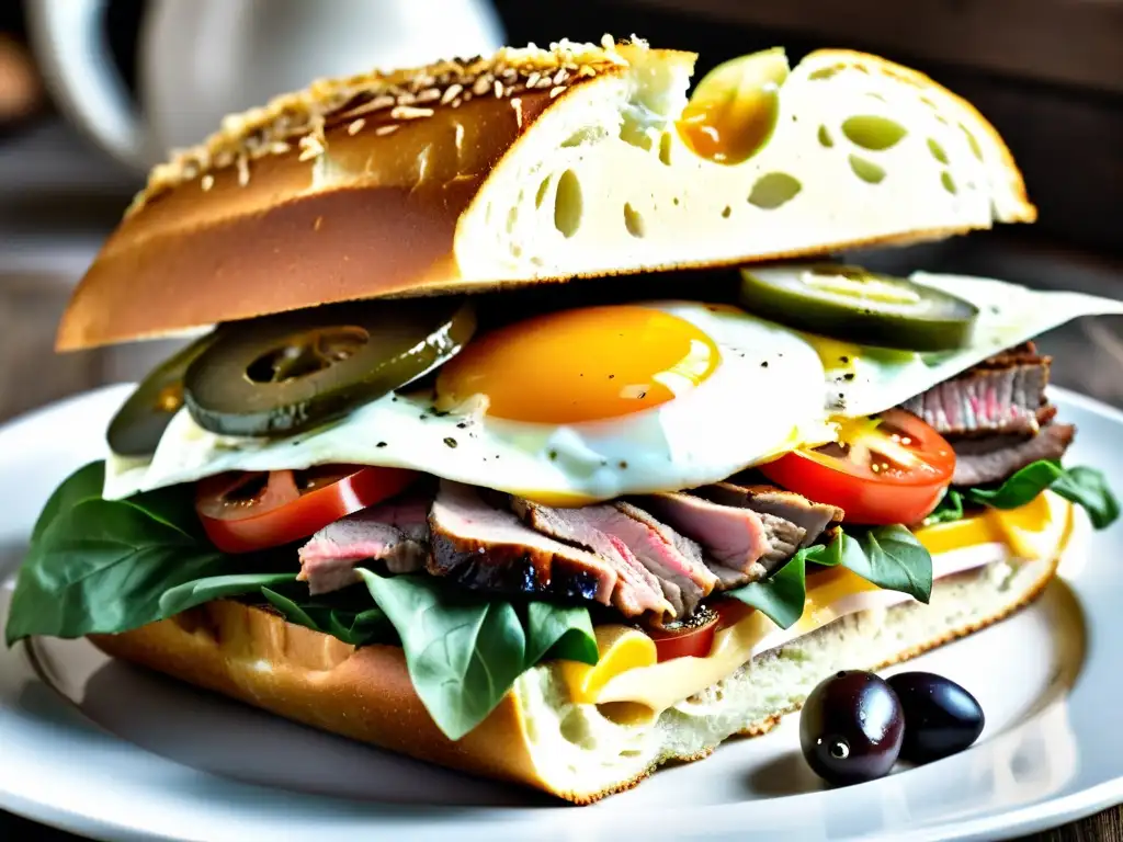 Vibrante imagen de un platillo tradicional uruguayo Chivito, repleto de sabores, en un ambiente de mercado bullicioso y colorido