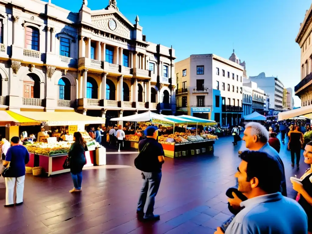 Vibrante mercado callejero en Montevideo, reflejando la cultura y tradiciones de Uruguay, con el majestuoso Teatro Solís de fondo