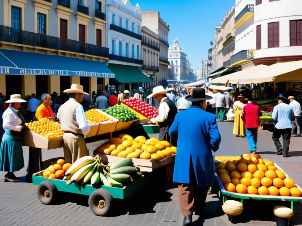 Vibrante mercado en Montevideo, Uruguay, reflejando las costumbres y creencias de Uruguay a través de gauchos compartiendo mate y candombe