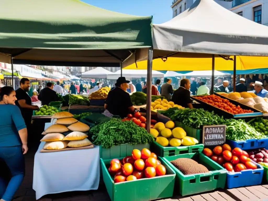 Vibrante mercado en Montevideo, Uruguay, rebosante de cultura culinaria uruguaya tradicional; vendedores y locales compartiendo mate bajo un cielo azul