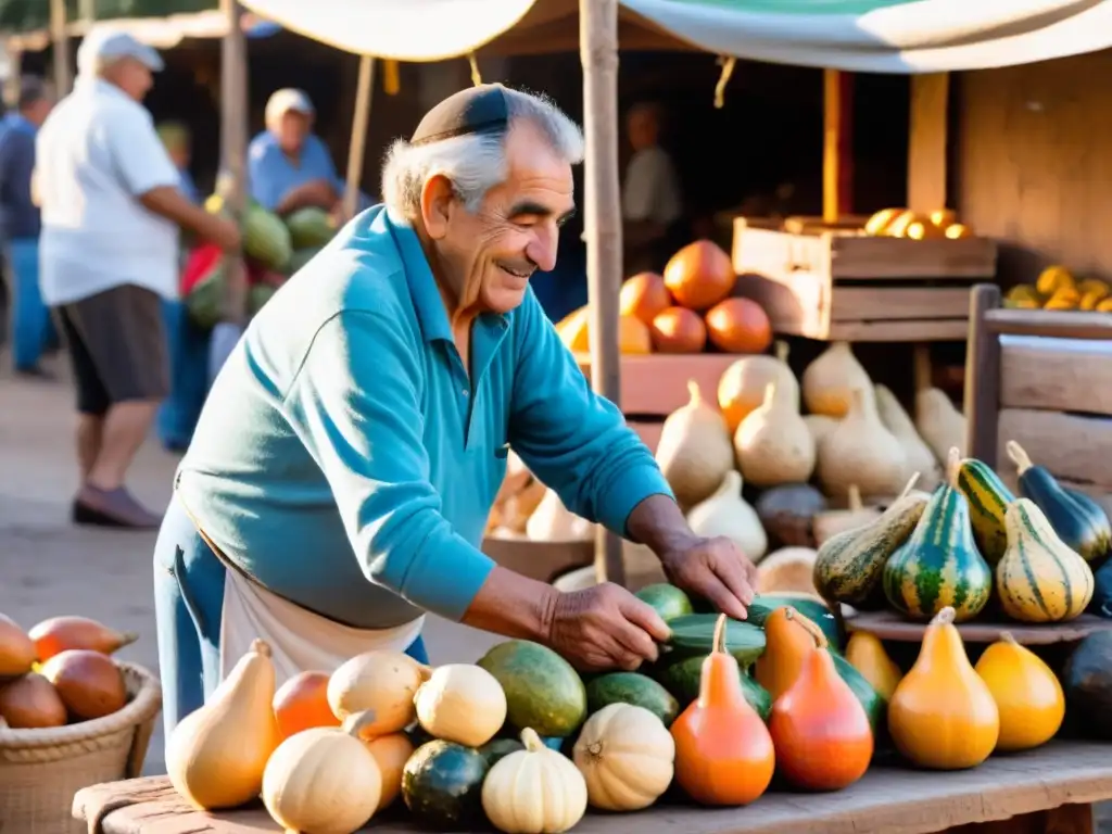 Vibrante mercado en Uruguay, destacando la importancia cultural del mate, con un vendedor anciano preparándolo al atardecer