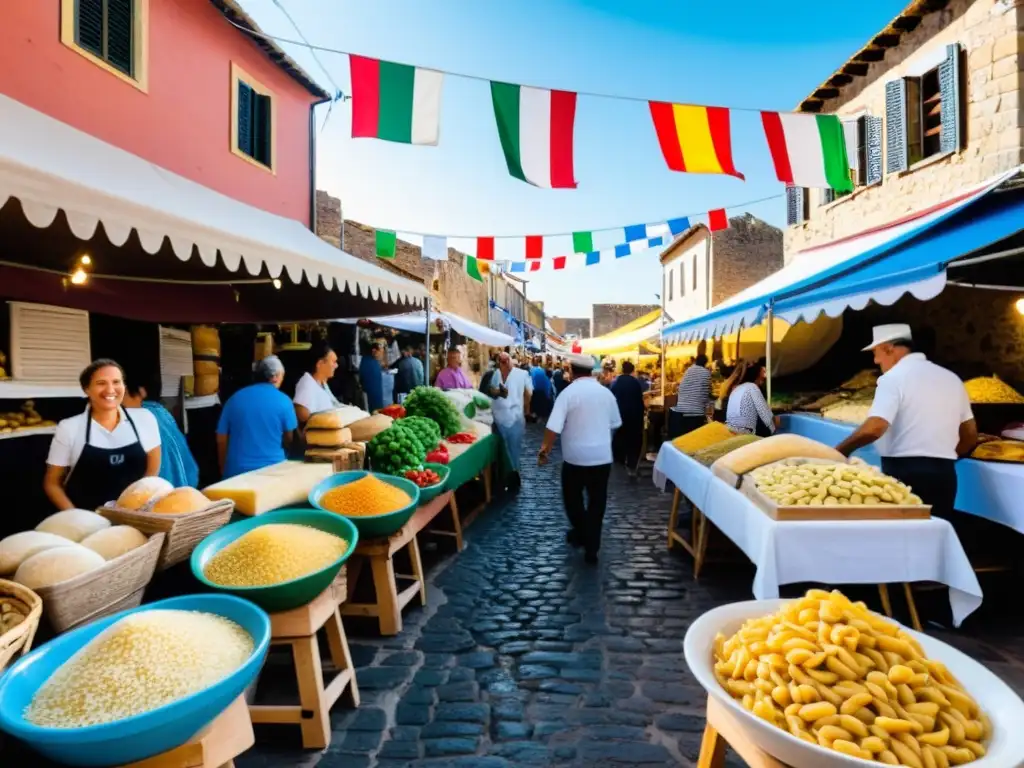 Vibrante mercado italiano en una calle adoquinada de Uruguay, reflejando la influencia italiana en la gastronomía uruguaya