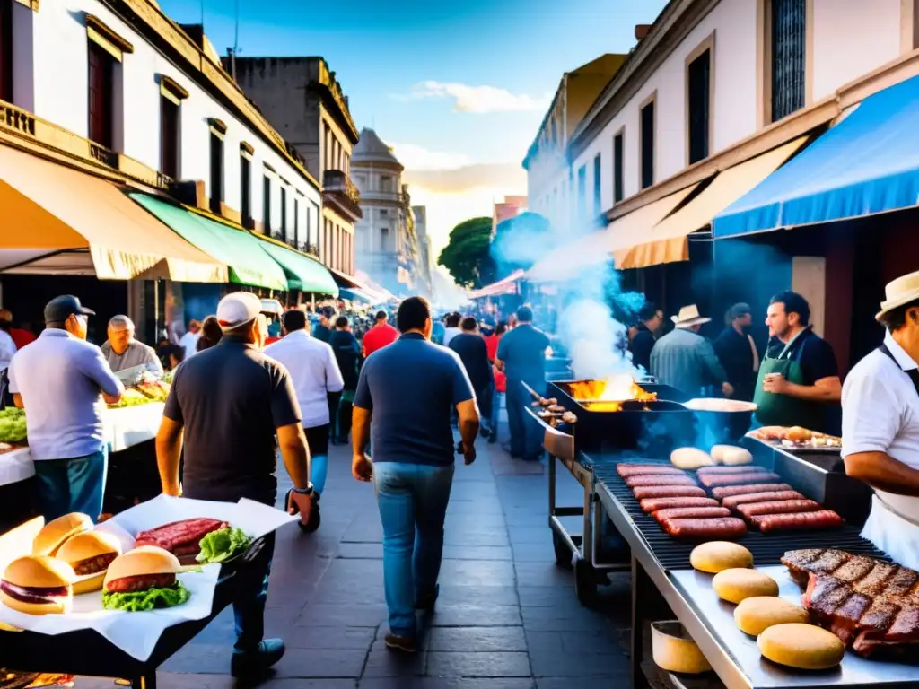 Vibrante mercado uruguayo al atardecer, humo de parrillas preparando Chivito, la deliciosa hamburguesa uruguaya