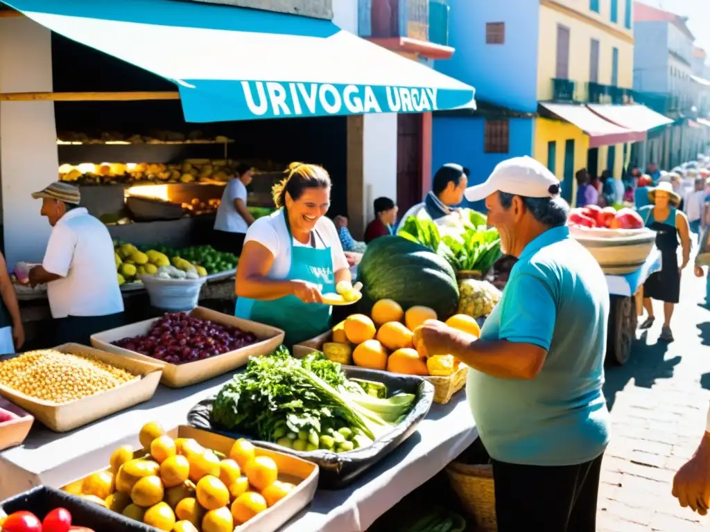 Vibrante mercado uruguayo bajo el sol, lleno de frutas y verduras coloridas, y gente disfrutando de la comida local accesible Uruguay, como el Chivito