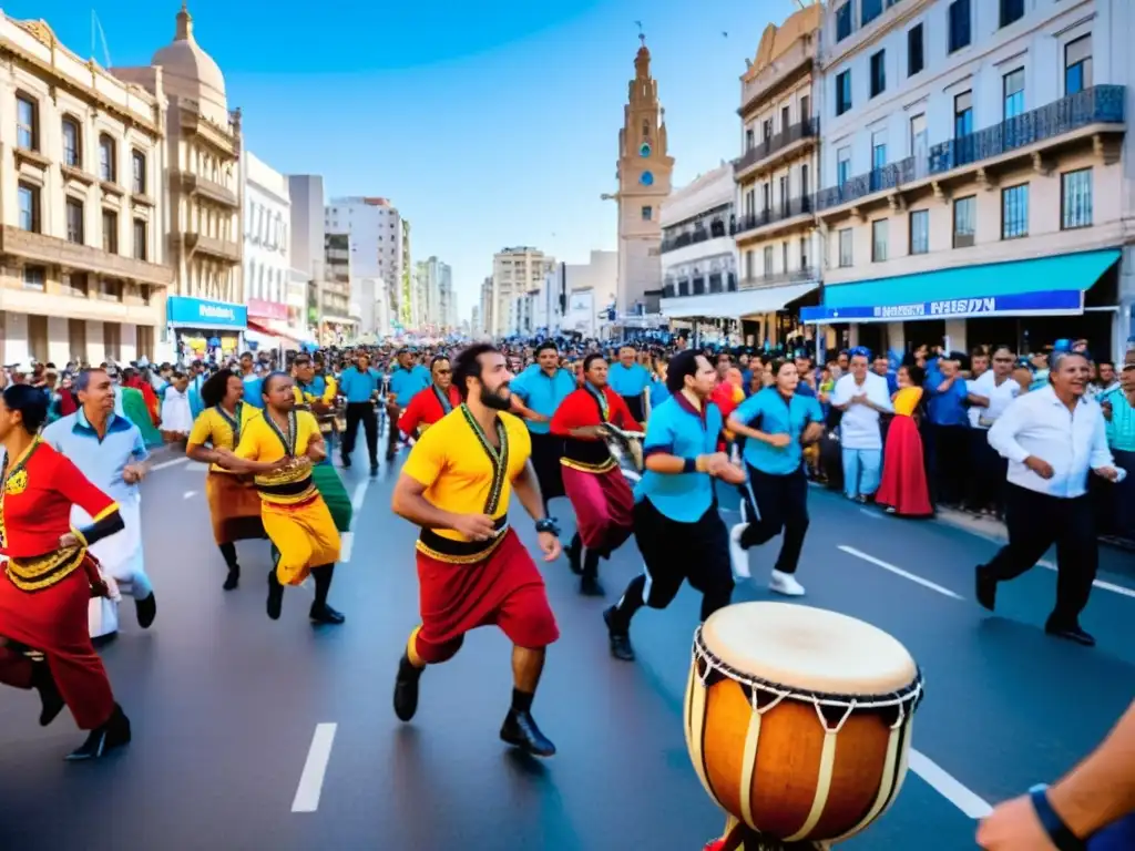 Vibrante movimiento cultural contemporáneo en Uruguay: locales entusiastas bailando candombe y turistas disfrutando en las calles de Montevideo