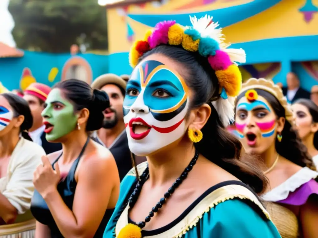 Vibrante Murga uruguaya critica social con humor, los artistas en coloridos trajes cantan bajo un cielo anaranjado, cautivando a todos