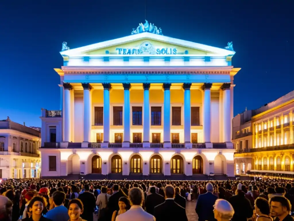 Vibrante noche de 'eventos teatro cartelera uruguaya' en el iluminado Teatro Solís, Montevideo, lleno de público diverso bajo un cielo estrellado