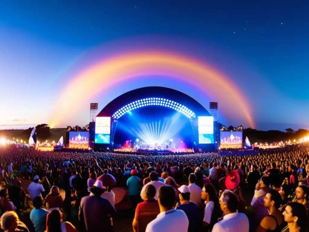 Vibrante panorama de una de las ferias de música en Uruguay, con luces coloridas, multitud danzando y músicos apasionados en escena