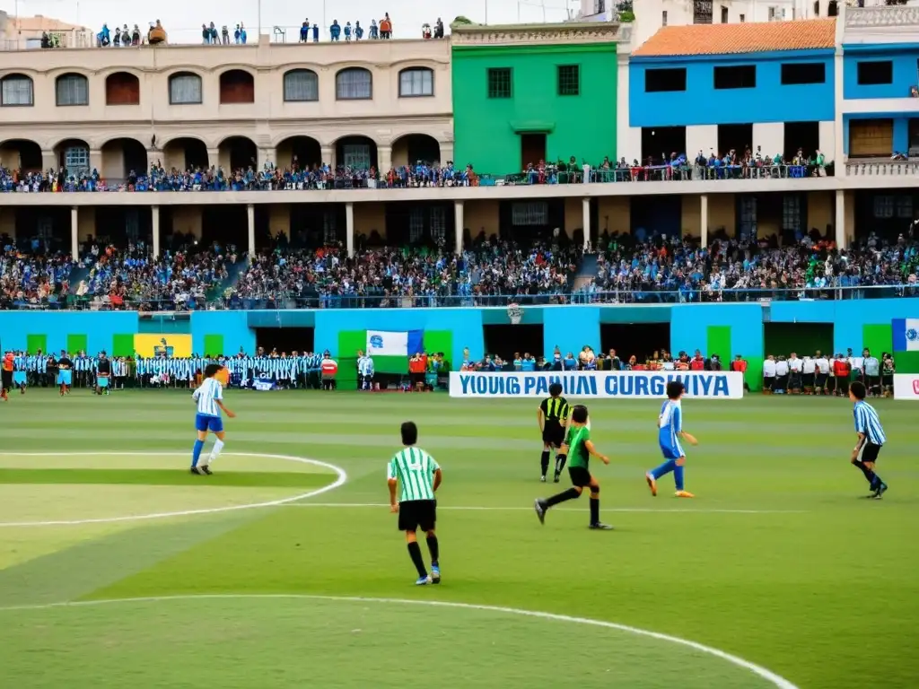 Vibrante partido de fútbol en Montevideo, reflejando la profunda relación entre fútbol y cultura uruguaya