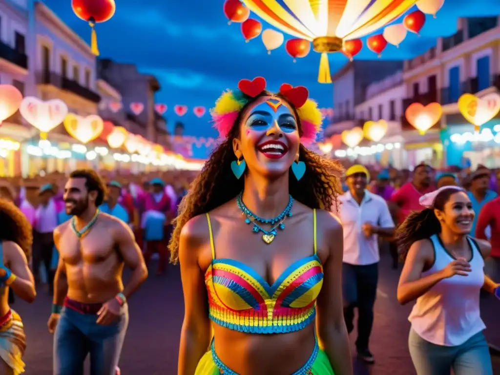 Vibrante y pulsante Carnaval de Montevideo, música danza y color brillan en la actuación de una murga, reflejando la cultura uruguaya