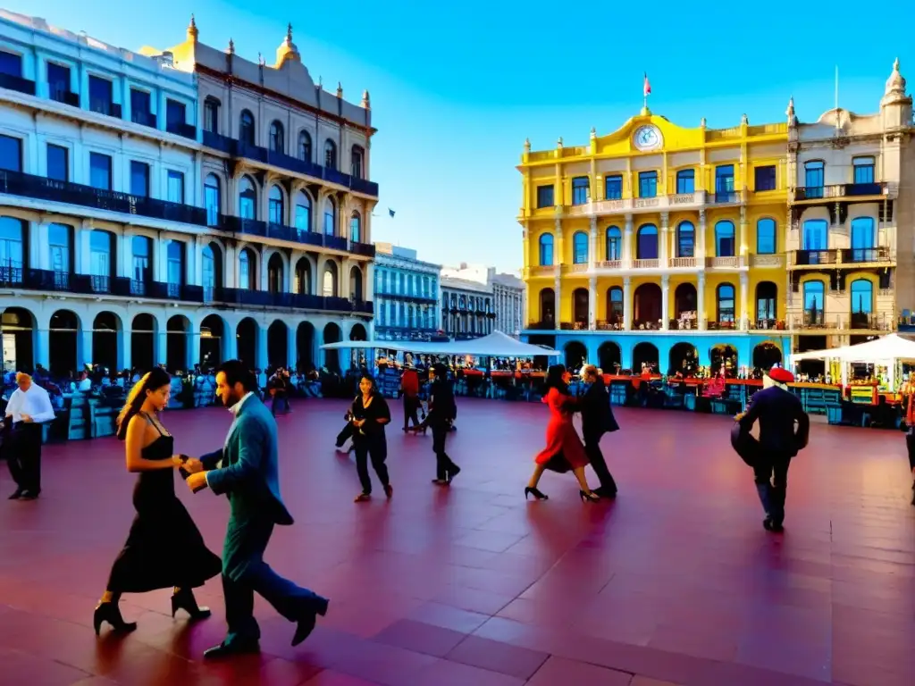 Fotografía vibrante de las tradiciones culturales uruguayas: música, tango y artesanía en la bulliciosa Plaza Independencia de Montevideo