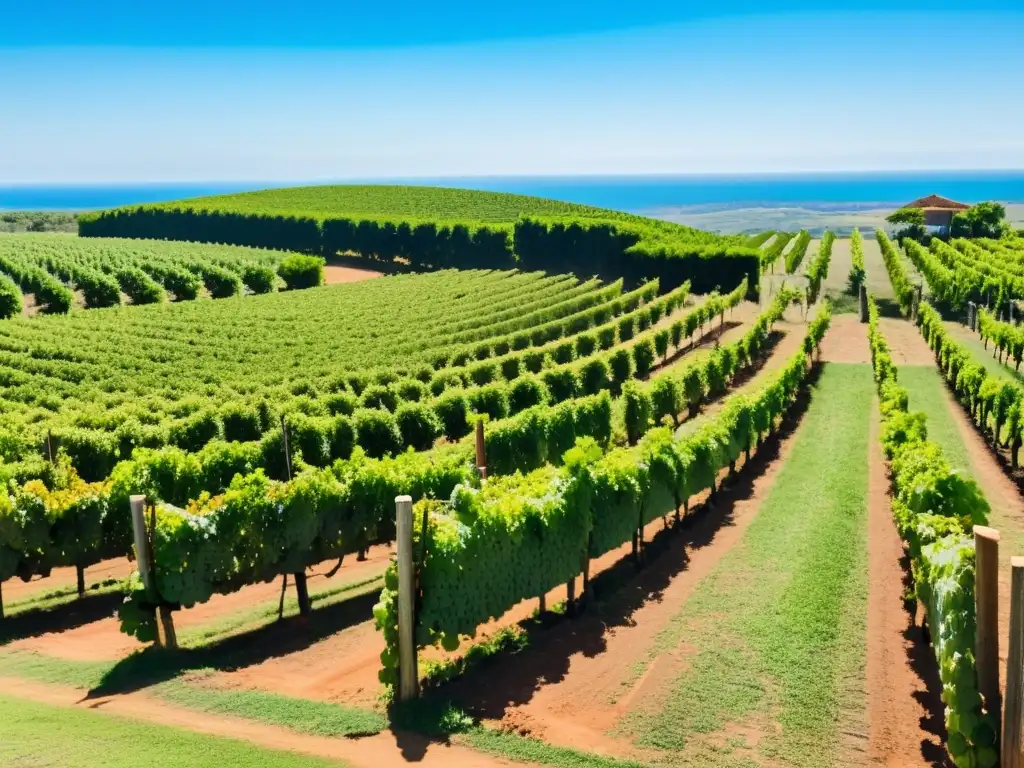 Vibrante viñedo de la Ruta del Vino Uruguay, belleza cultural y vitivinícola bajo el sol dorado, con uvas jugosas listas para la cosecha