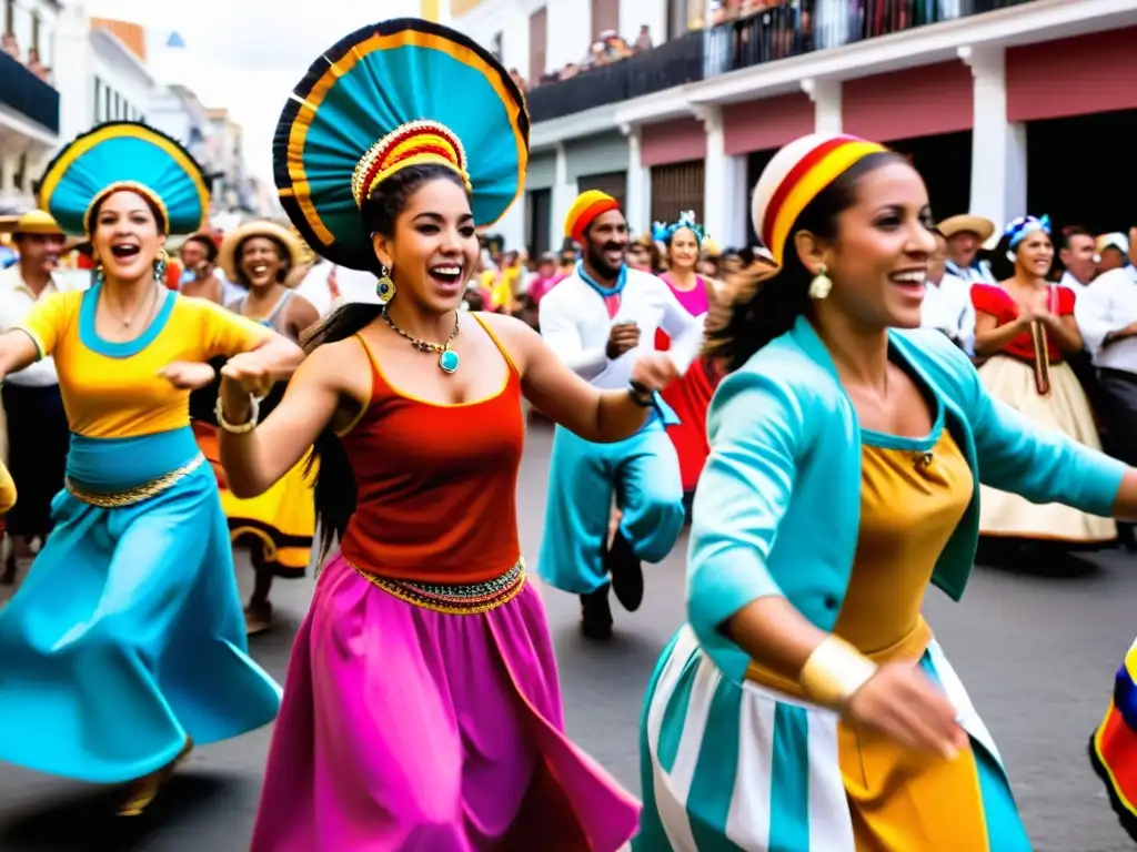 Vibrantes eventos culturales en Uruguay: bailarines en trajes tradicionales danzan el Candombe en una alegre feria callejera en Montevideo