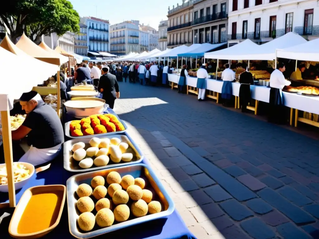 Vibrantes eventos gastronómicos en la cultura uruguaya, en una plaza histórica de Montevideo, llena de tradición, sabor y alegría