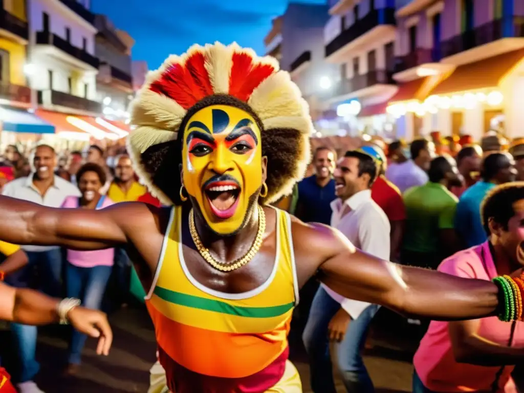 Vibrantes tradiciones culturales uruguayas en fotografía, capturando el desfile de Carnaval de Montevideo en un atardecer estrellado