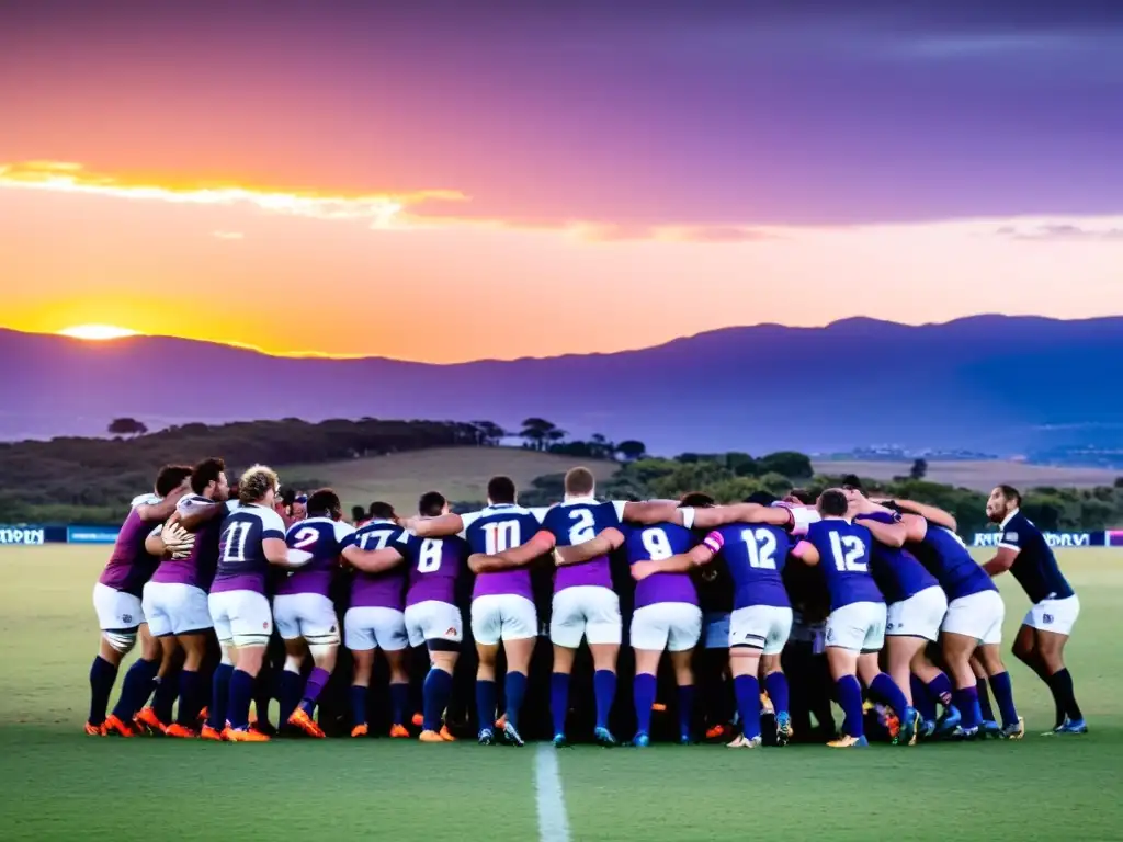 Victoria emotiva en un campo de rugby al atardecer en Uruguay, reflejando la unión y la cultura rugby Uruguay nacional, mientras niños sueñan con el futuro