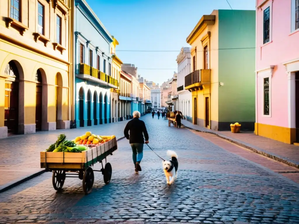 Fotografiando la vida diaria en Uruguay: hombre empujando carrito de frutas en calle adoquinada de Montevideo al atardecer